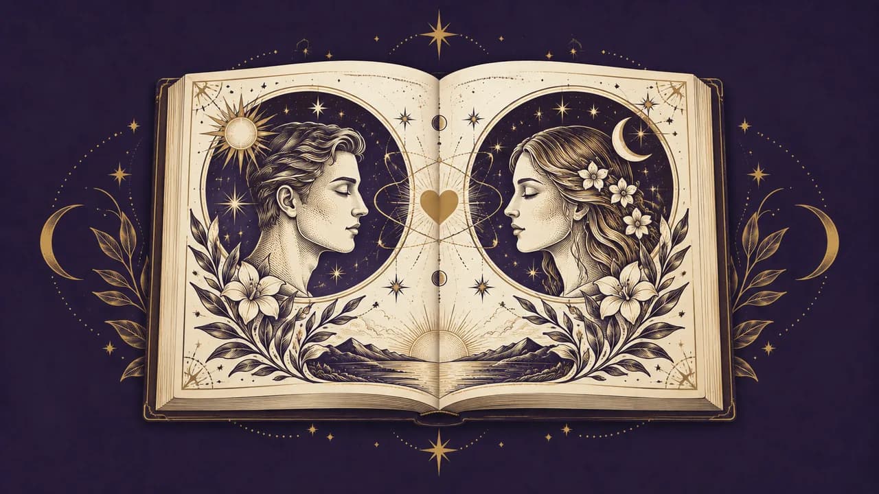 Libro ilustrado abierto con dos perfiles frente a frente unidos por un corazón dorado