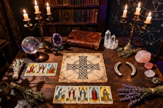 Espalhamentos e layouts de tarot com configuração mística e ferramentas de adivinhação