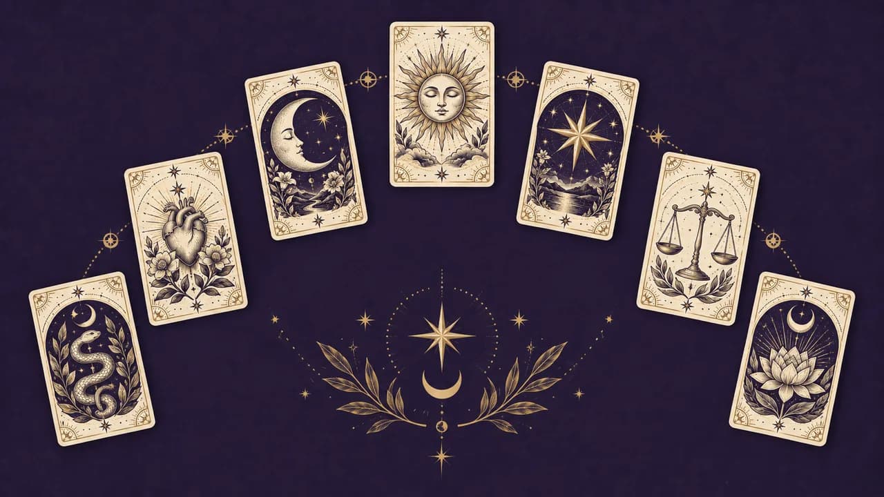 Siete cartas de tarot en una tirada en forma de herradura