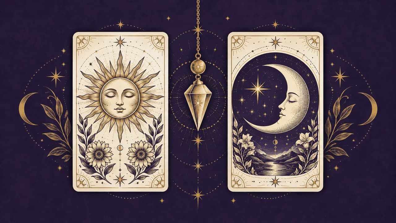 Cartas del sol y la luna con un péndulo que simboliza una elección de sí o no