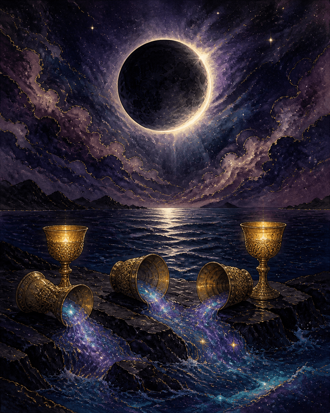 Mystical illustration of a lunar eclipse over a cosmic ocean with five ornate chalices on a rocky, star-lit shore.