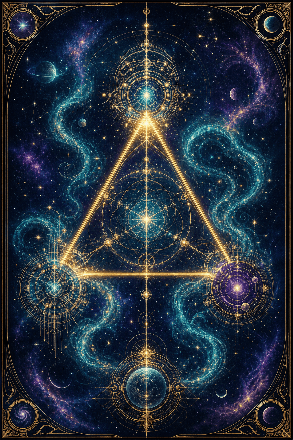 A mystical tarot-style illustration of a glowing golden triangle amidst swirling stardust and cosmic networks.