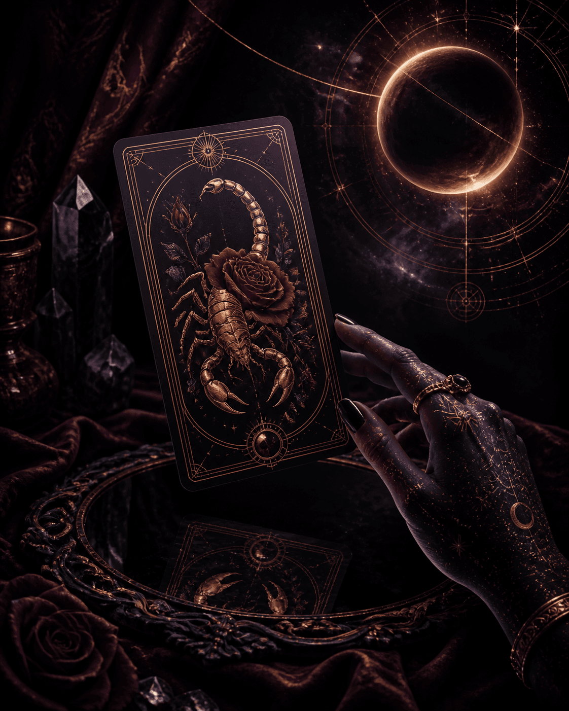 An esoteric editorial illustration of a floating tarot card featuring a golden scorpion and crimson rose.