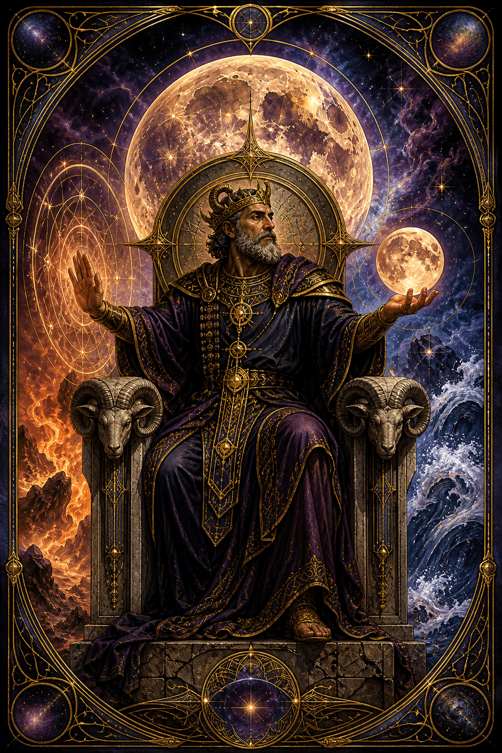 Mystical tarot illustration of a sovereign ruler on a throne holding a glowing Aries full moon in gold and crimson.