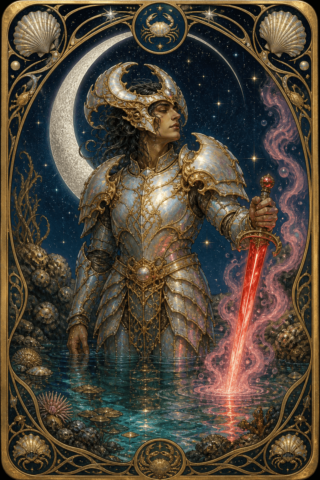 Mystical tarot art of a figure in pearlescent armor quenching a glowing fiery sword in a cosmic tide pool.