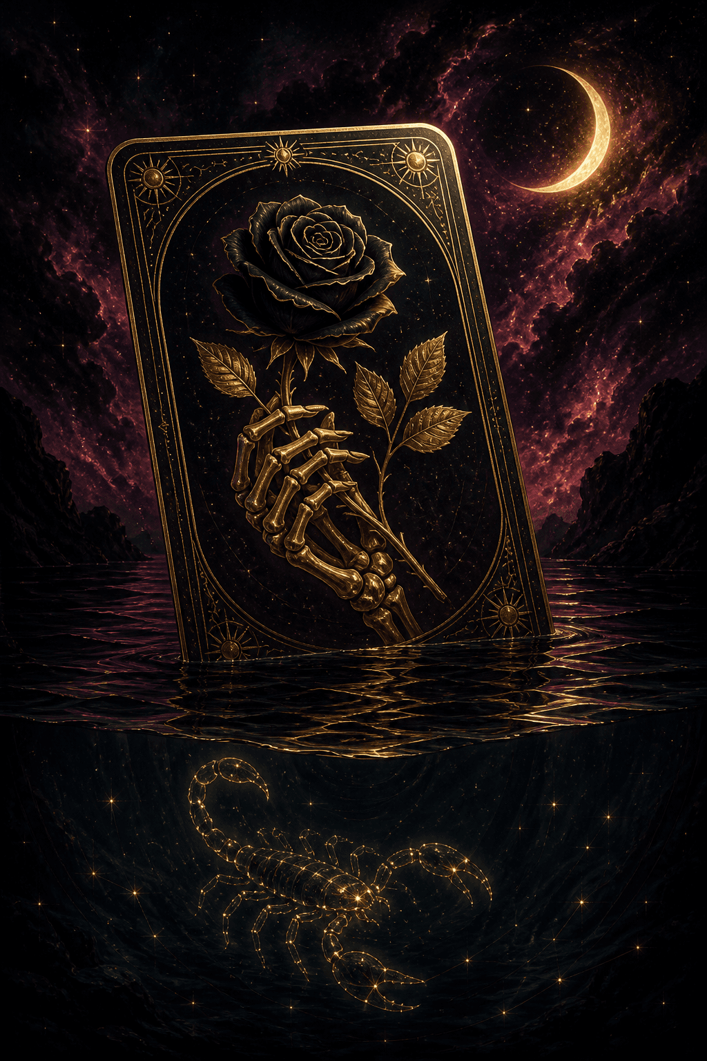 Mystical tarot card illustration of a golden skeleton hand holding a black rose over dark reflective waters.