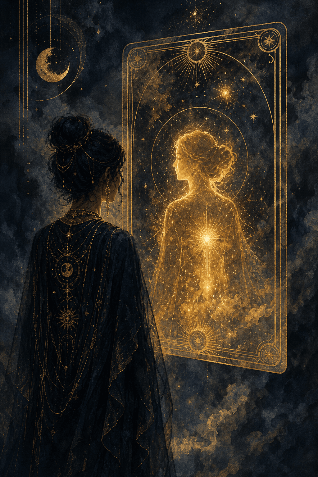 A figure looks into a floating tarot card mirror reflecting a glowing golden silhouette amidst stars.