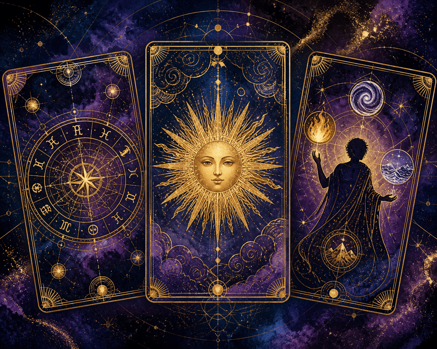 Three elegant tarot cards with celestial designs floating in a starry, gold-flecked indigo cosmic sky.