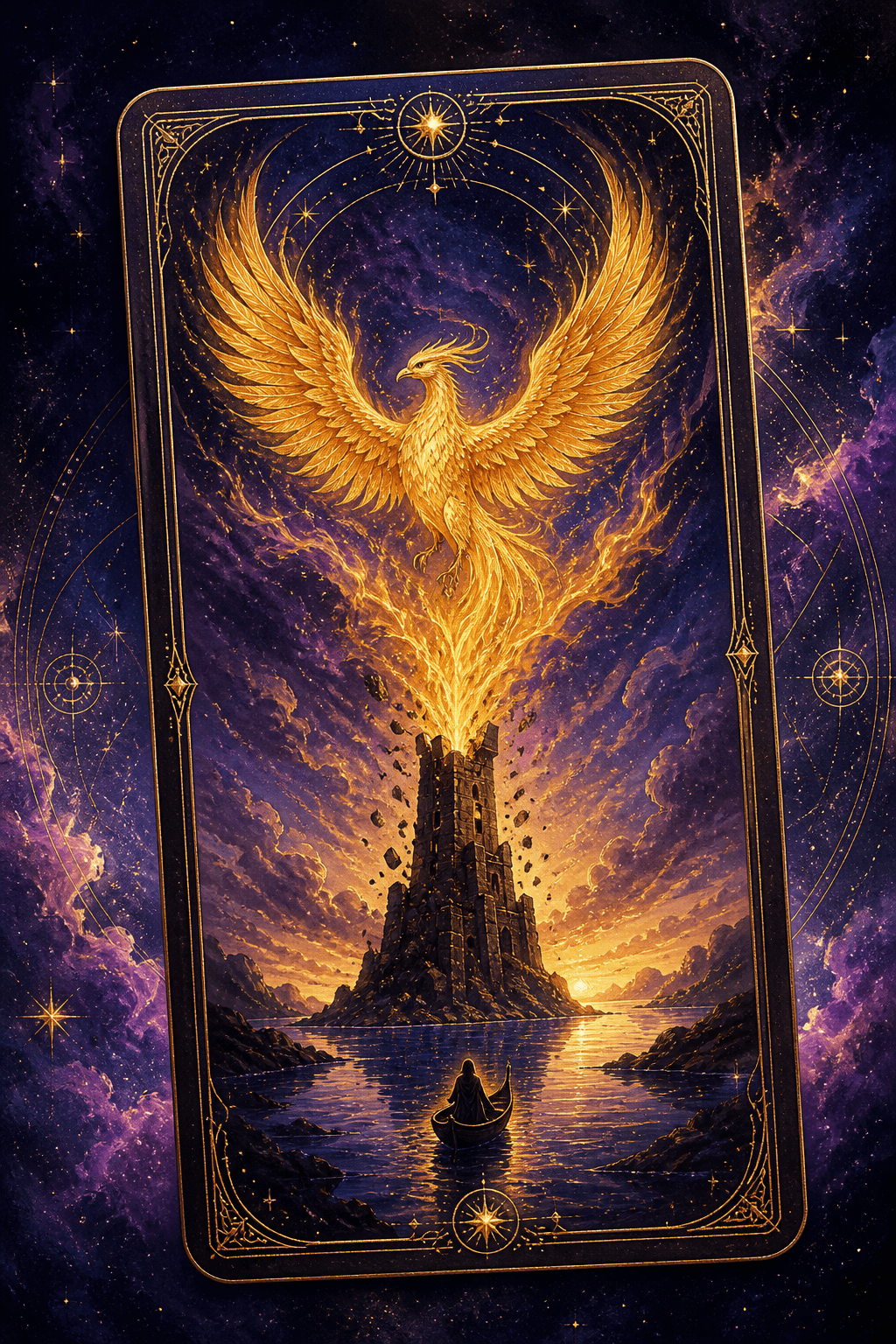 An esoteric illustration of a tarot card showing a phoenix rising from a ruined tower over a calm river.