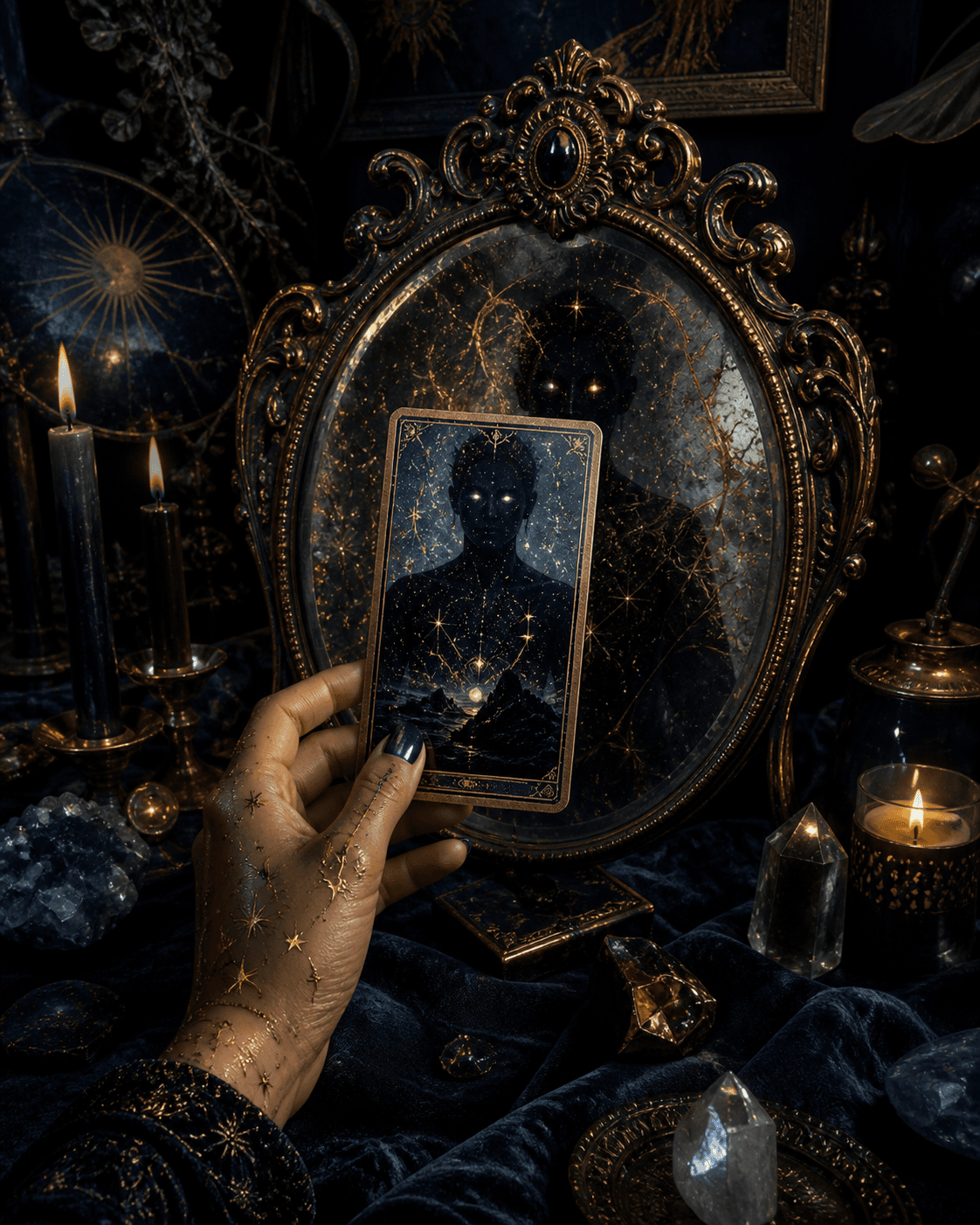 A mystical illustration of a hand holding a tarot card in front of a glowing mirror, reflecting a cosmic shadow self.