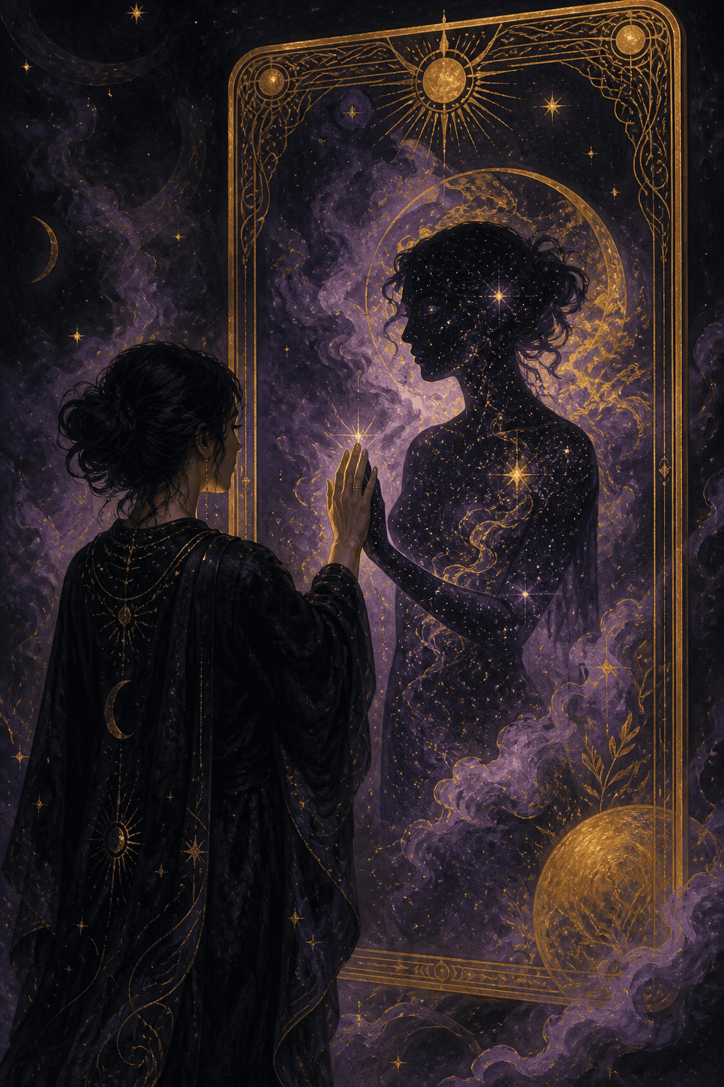 An elegant illustration of a person facing a glowing, golden tarot card that reveals their celestial shadow self.