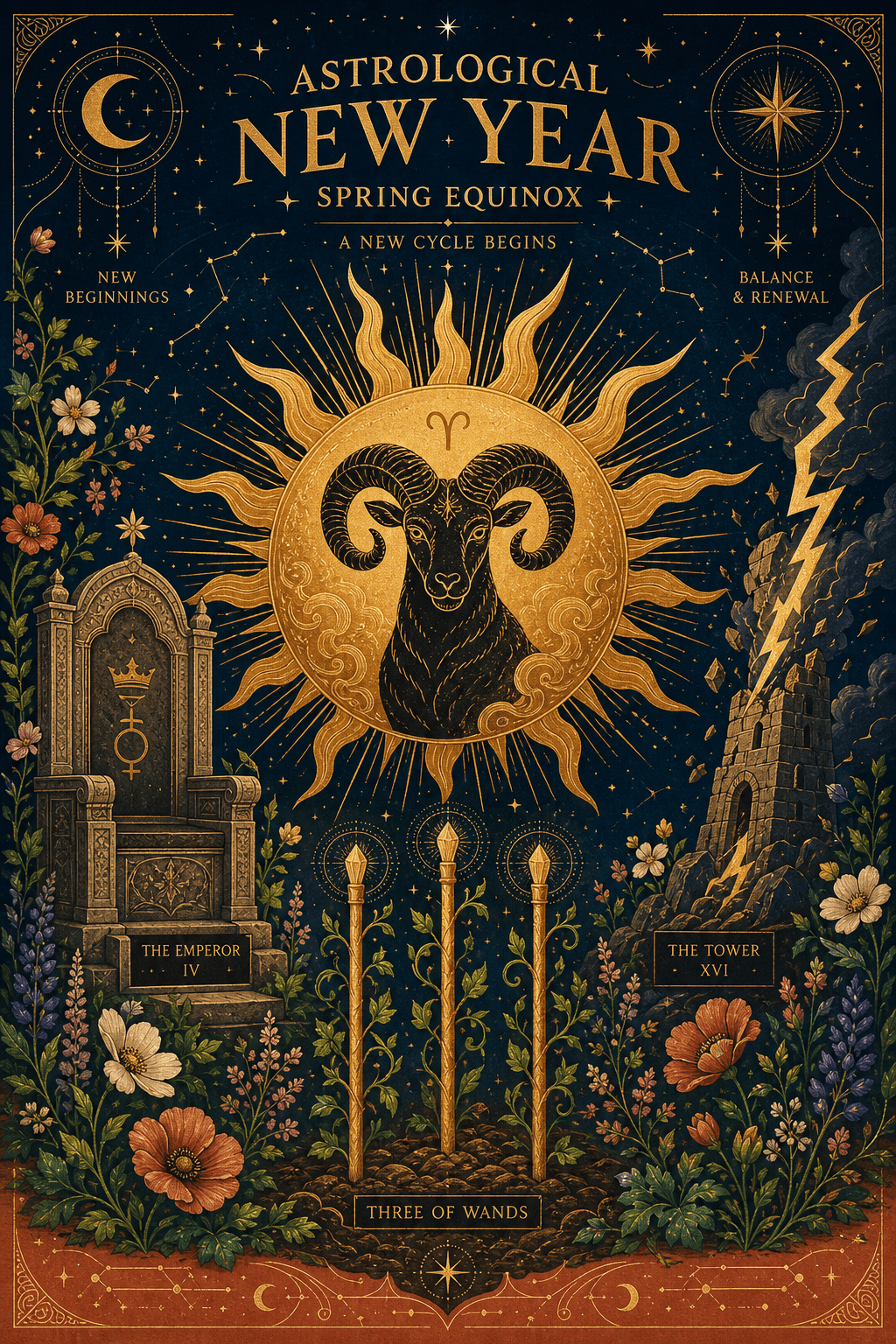 A mystical illustration of an Aries ram emerging from a golden sun, surrounded by spring flowers and tarot symbols.