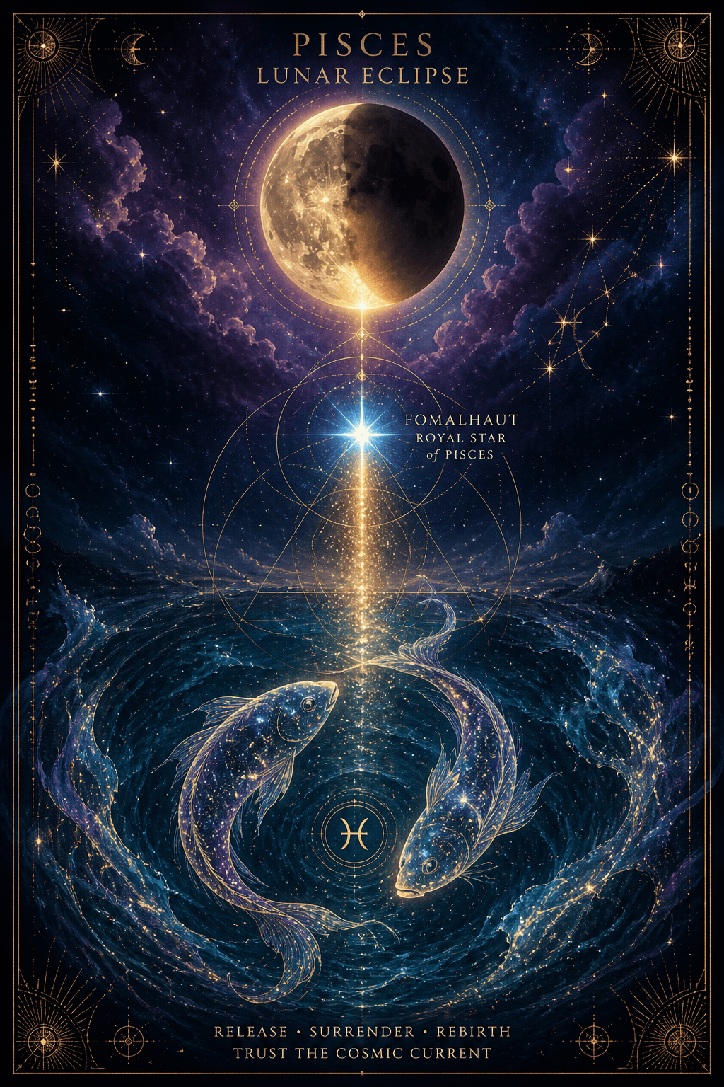 A mystical illustration of a Pisces lunar eclipse and the glowing star Fomalhaut over a celestial ocean.