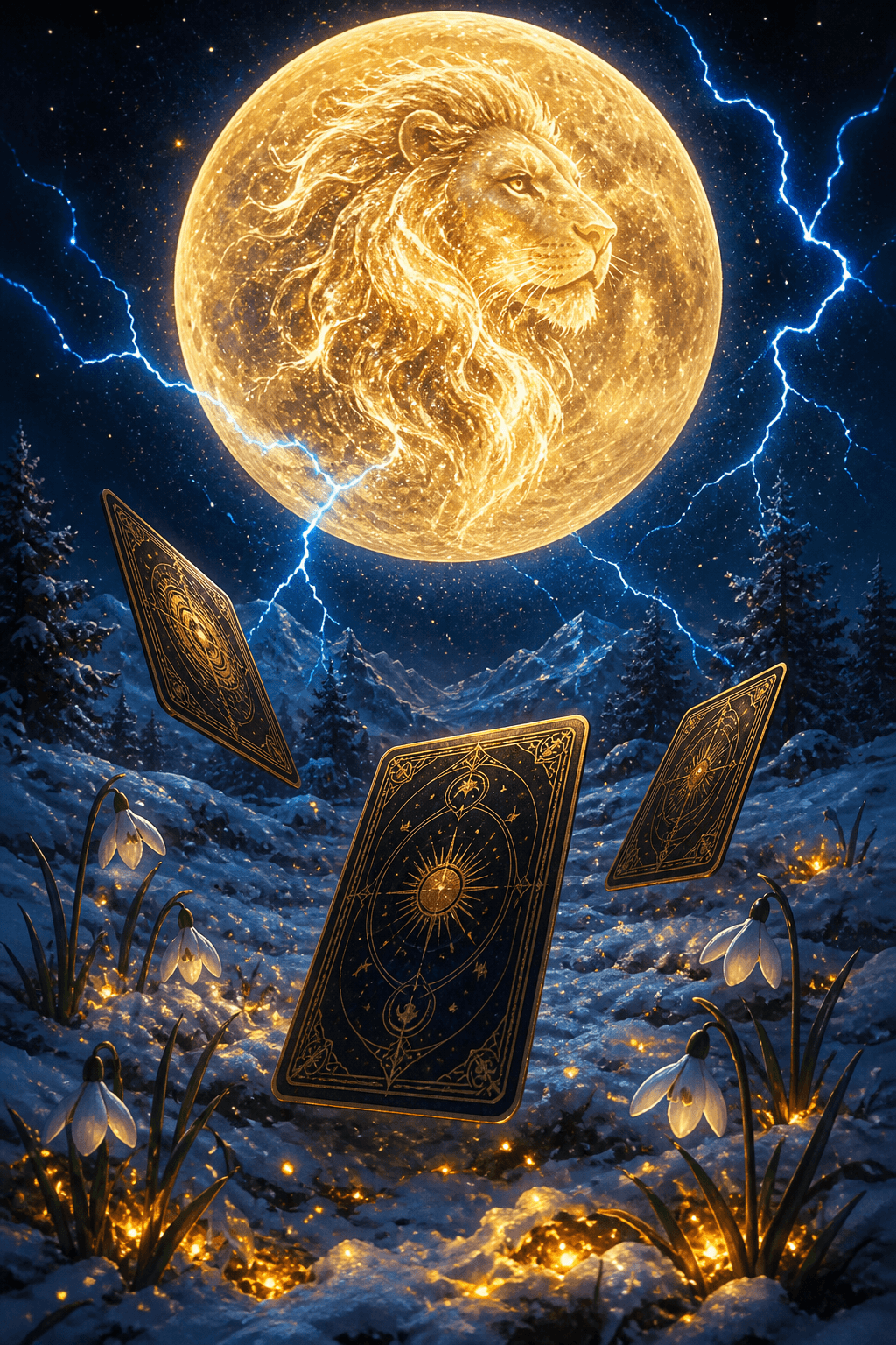 Mystical tarot illustration of a lion silhouette in a glowing full moon over a snowy landscape with golden embers.